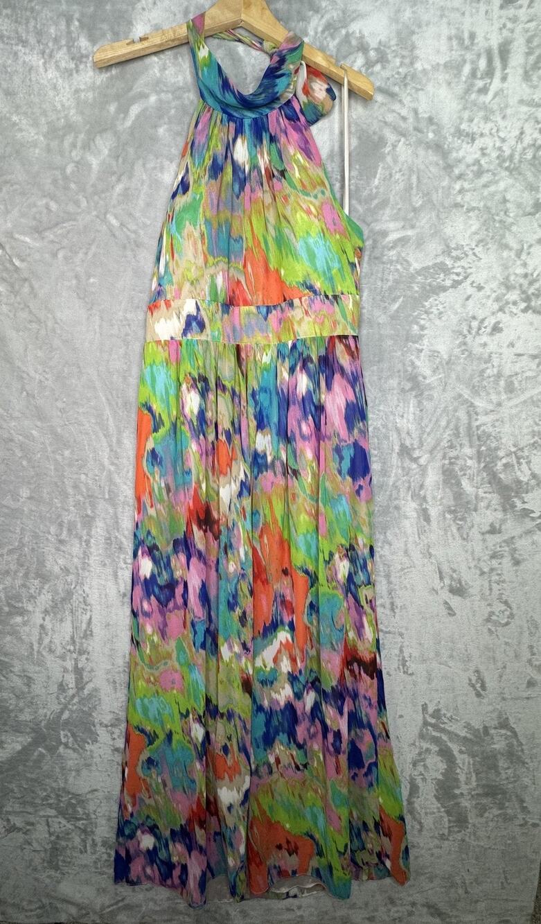 Eliza J Dress Womens 14 Multicolor Tie Dye Halter Maxi Wedding Chiffon Gown